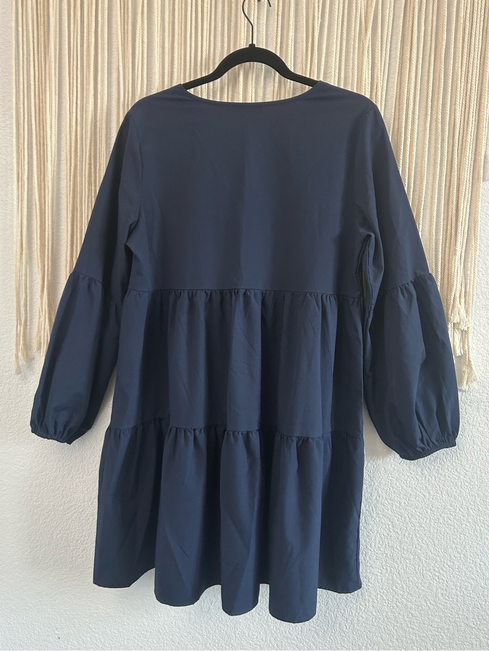 Navy Blue Tiered Babydoll Mini Dress Puff Sleeve Boho Cottagecore V Neck - Picture 9 of 14